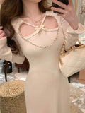 Ebbgo  Sexy Hollow Out Midi Knitted Dress Women Long Sleeve Slim Mermaid Solid Autumn Spring Evening Party Prom Robe Vintage Mujer New