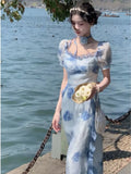 Ebbgo  Fashion Women Blue Floral Print Holiday Princess Evening Party Dress Vintage Elegant Ladies Puff Sleeve Ruffles Long Dress