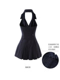 Ebbgo  Summer Women Striped Mini Halter Sleeveless Dress Backless Pleated Frocks With Belt Y2k Evening Sexy Gyaru One-Piece Vestidos