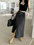 Ebbgo  Grey Long Skirts All Match Women Loose Autumn Gentle Chic Slim  Solid Office Lady Daily High Street Fashion