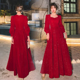 Ebbgo  -  Evening dresses red long sleeve dinner dress party ball gown host's fishtail star shining h333