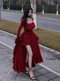 Ebbgo  -  Spring Women Elegant Long Slevee Midi Dress Female Red Square Collar Ruffle Party Dress Christmas Irregular Prom Dress