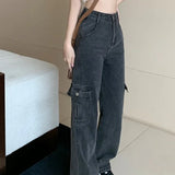 Ebbgo  High Waist Shot Gray Straight Leg Women's Jeans Cargo Trousers with Pockets Pants for Woman Retro Fashion Casual Pant Trend 2024