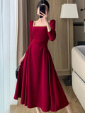 Ebbgo  -  Women Casual Folds Midi Dress French Elegant Long Sleeve A Line Party Dresses Spring Autumn Vintage Solid Clothes Female