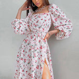 Ebbgo Boho Mid Dresses for Women Long Sleeve Flower Print Lacing Sundress Summer Split Dress Holiday Outfit Female Clothes Streetwear