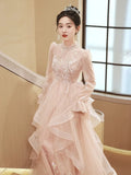 Ebbgo  -  Evening Dresses Gala For Women Party Banquet Host Pink Princess Long Sleeve Embroidery Flower Fairy Dress H800