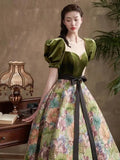 Ebbgo  -  Dinner dresses gala Ball gown green silk puff sleeve princess gown flower Banquet Evening Retro rope H889