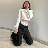 Ebbgo  American Vintage Black White Patchwork Pants Sexy Hot Drawstring High Waist Trousers Y2k Streetwear All-match Straight Bottoms