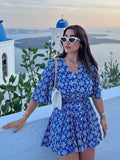 Ebbgo   Batwing Sleeve Embroidery Summer Beach Casual Dress Women Buttons A-line Belt Loose Casual Holiday Blue Short Vestidos