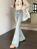 Ebbgo  Korean style Blue Fashion Flare Pants Women Pockets Elegant Denim Pants Female High Waist Casual Slim Pants