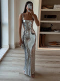 Ebbgo  -  Sequins Sexy Backless Slip Maxi Dress Women Silver Sleeveless Slim Hip Package Evening Party Dresses Summer Club Robe