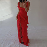 Ebbgo  -  Elegant Ruffles Fairy Dress for Women Square Neck Irregular Long Dress Beach Club Evening Party Split Black Red Long Vestid