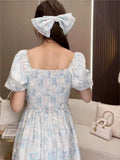 Ebbgo  -  Summer New French Style Retro Elegant Short Sleeve Dress Elegant High-end Sense Printing Puff Sleeve Long Dress