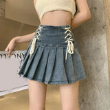 Ebbgo    Pleated Denim Skirt Women Korean Fashion Kawaii Lace-up High Waist A-line Sexy Jeans Skirt Casual Streetwear Summer