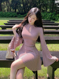 Ebbgo  Autumn Sexy Pink Elegant Knitted Dress Women Casual Sweater One Piece Dress Female Korean Fashion Slim Designer Mini Dress