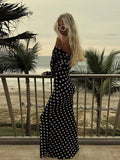 Ebbgo  -  Off Shoulder Dot Print Maxi Dress Women Slash Neck Long Sleeve Backless Female Robe Spring Summer Vacation Slim Dresses