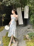 Ebbgo  -  Satin Blue Printed Slip Dress Floral Women Summer Elegant Ruffled Dress robe maxi elegante vestidos de cerimonia para casamentos