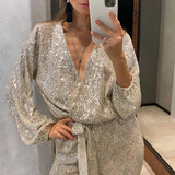 Ebbgo  -  Office Lady Elegant Tie-Up Sparkling Glitter Jumpsuit Fashion Shiny Paillette Long Sleeved Romper Women V-Neck Sequins Jumpsuits