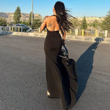 Ebbgo  -  Sexy Black Maxi Dress Women Summer New Backless Sleeveless Halter Split Dress Simple Solid Fashion Clubwear Elegant Party Dress