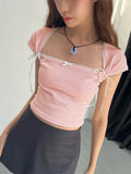 Ebbgo   Lace Bandage Shirts For Women 2024 Summer Pink Lovely Crop Tops Womens Street Casual Bodycon Lace-up Tank Top Ladies New