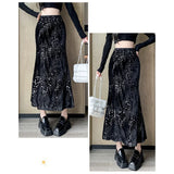 Ebbgo  Sequins Long Skirt Women Autumn New Fashion High Waisted Shiny Trumpet Skirts Vintage Elegant Solid Ruffles Skirt