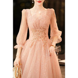 Ebbgo  -  Dresses medium length Pink dinner dress party evening floral cocktail graduation Banquet lace long sleeve gala ball gown H112