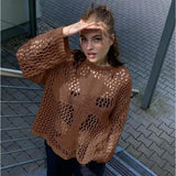 Ebbgo   -  Fashion Hollow Out Y2k Cropped Knit Jumper Tops Long Sleeve T-shirt Harajuku Oversized Streetwear O-neck Sexy Beach Sweater New