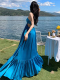 Ebbgo  -  Summer Sexy Backless Beach Long Dresses Women's Fashion Blue Halter A-line Party Sundress Elegant Pleated Runway Robe Mujers