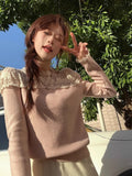 Ebbgo  Sweet Lace Patchwork Knitwear Women Korean O-neck Print Patchwork Elastic Slim Chic temperament Spring Female Pullover Sweater