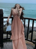 Ebbgo  Summer New Fashion Women Sexy Pleated  Boho Long Dress Vacation Beach Strap A line Ladies Robe Sundress