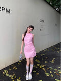 Ebbgo  -  Summer New Korean Age Reducing Hanging Neck Sleeveless Pink Plaid Irregular Bow Dress