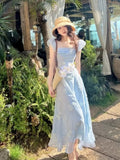 Ebbgo  -  Summer Fairy Puff Sleeve Slash Neck Blue Dress Women Elegant 3D Flower Decoration Chiffon High Waist Slim Princess Dresses