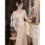 Ebbgo  -  Champagne dress satin long dinner evening dresses party gown floral  gala cocktail graduation H885