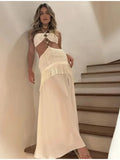 Ebbgo  -  Sexy Hollow Out Tassel Halter Beach Dress Backless Off Shoulder Split White Dresses Summer Cut Out Lady Chic Vestidos