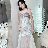 Ebbgo  Summer Suspender Nightgown Women Sleepwear Chemise Nightdress Morning Gown Sexy Silky Satin Home Dress Lounge Wear Nightwear