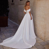 Ebbgo  -  Satin Wedding Dress Sequined Sweetheart Off The Shoulder A Line With Pocket Wedding Gown High Slit Lace Up Back Robe De Mariee