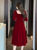 Ebbgo  -  Women Chic A-line Evening Party Dress Korean Elegant Long Sleeve Square Neck Vestidos Female Luxury Spring Clothes Mujers