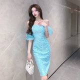 Ebbgo  -  Evening dress dresses lake blue sequin party lantern sleeve ball gown h29tops