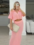 Ebbgo  -  Summer Beach Cover Up Suit Women Sexy Crochet Button Long Skirt Outfits Lady Hollow Out Knitted Vacaton All-match Two Piece Sets