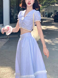 Ebbgo  Blue Striped Sweet Two Piece Set Women Lace France Elegant Long Skirts Suit Female Korean Puff Sleev Blouse + Party Skirt Summer