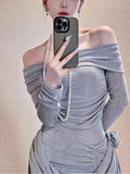 Ebbgo  -  Women Sexy Bodycon Off Shoulder Dress Luxury Off Shoulder Long Sleeve Wrap Hip Vestidos Evening Party Robe Female Autumn