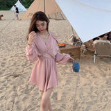 Ebbgo  -  fall outfits Long Sleeve V Neck Off Shoulder Sexy Mini Dress Fashion Short Dress for Women Summer Clothing Korean Party Beach Holiday