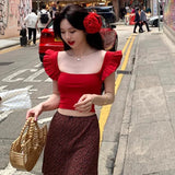 Ebbgo  Retro French Square Neck Top Polka Dot A-line Skirt Two-piece Set Women Flying Sleeves Flounce Spicy Fashion Slim Summer Suit