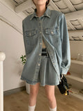 Ebbgo  Blue Jeanswear Two Pieces Sets Women New Slim Fashion Loose Denim Coats Summer OL Retro Pleated Mini Skirts Suits