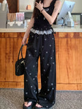 Ebbgo  -  Sweet Hot Girl Casual Lace Splicing Long Pants Women's Summer/Autumn Bow Elastic Waist Wide Leg Pants Fashion Female Clothes