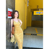 Ebbgo  2024 Summer Yellow Vintage Spaghetti Strap Women Bodycon Cheongsam Dress Elegant Slim V-neck Female Package Hip Dress Vestidos