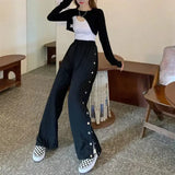 Ebbgo  -  fall outfits Button Side Women Pants for Spring Clothes Hip Hop Wide Leg Trousers Cyber Y2k Techwear Punk Clothing Streetwear