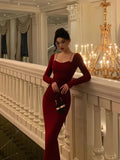 Ebbgo  -  Autumn New French Chain Wine Red Square Neck Long Sleeve Slimming Dress with Hip Wrapping Skirt