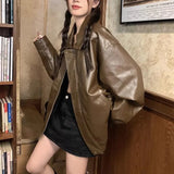 Ebbgo  Vintage Maillard Brown Leather Jacket For Women Fall And Winter PU Leather Bomber Jacket Streetwear Women Versatile Outerwear