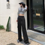 Ebbgo  American vibe style Cargo pants for women in spring and summer New high waist loose small black casual wide leg pants